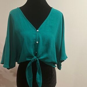 Teal Button-Front Tie Women Top